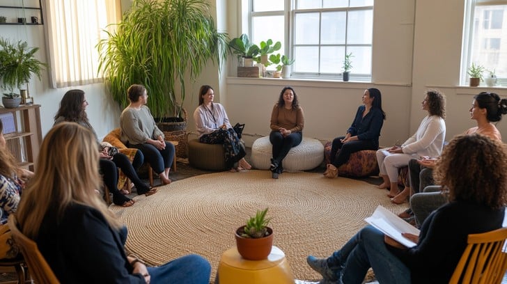 Grupo de autoconocimiento y gestión emocional para mujeres. Grupo de mujeres en círculo conversando.